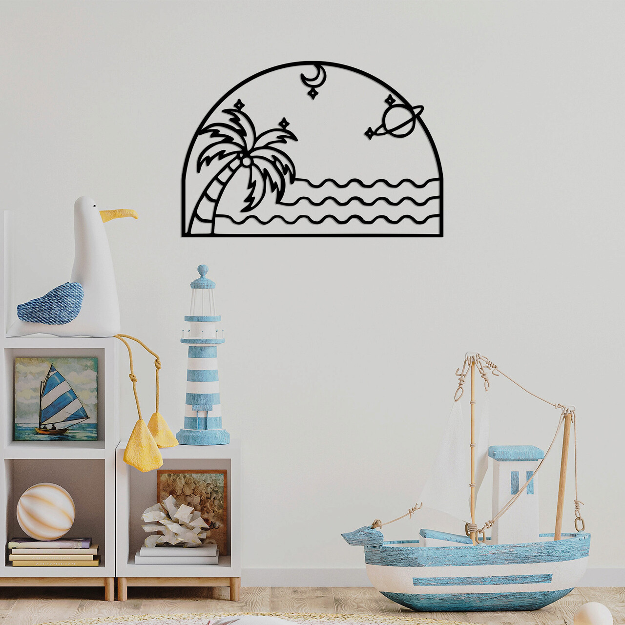 Decoratiune de perete, Palm Sea Moon, Dimensiune: 70 x 47 cm, Negru - imagine 6